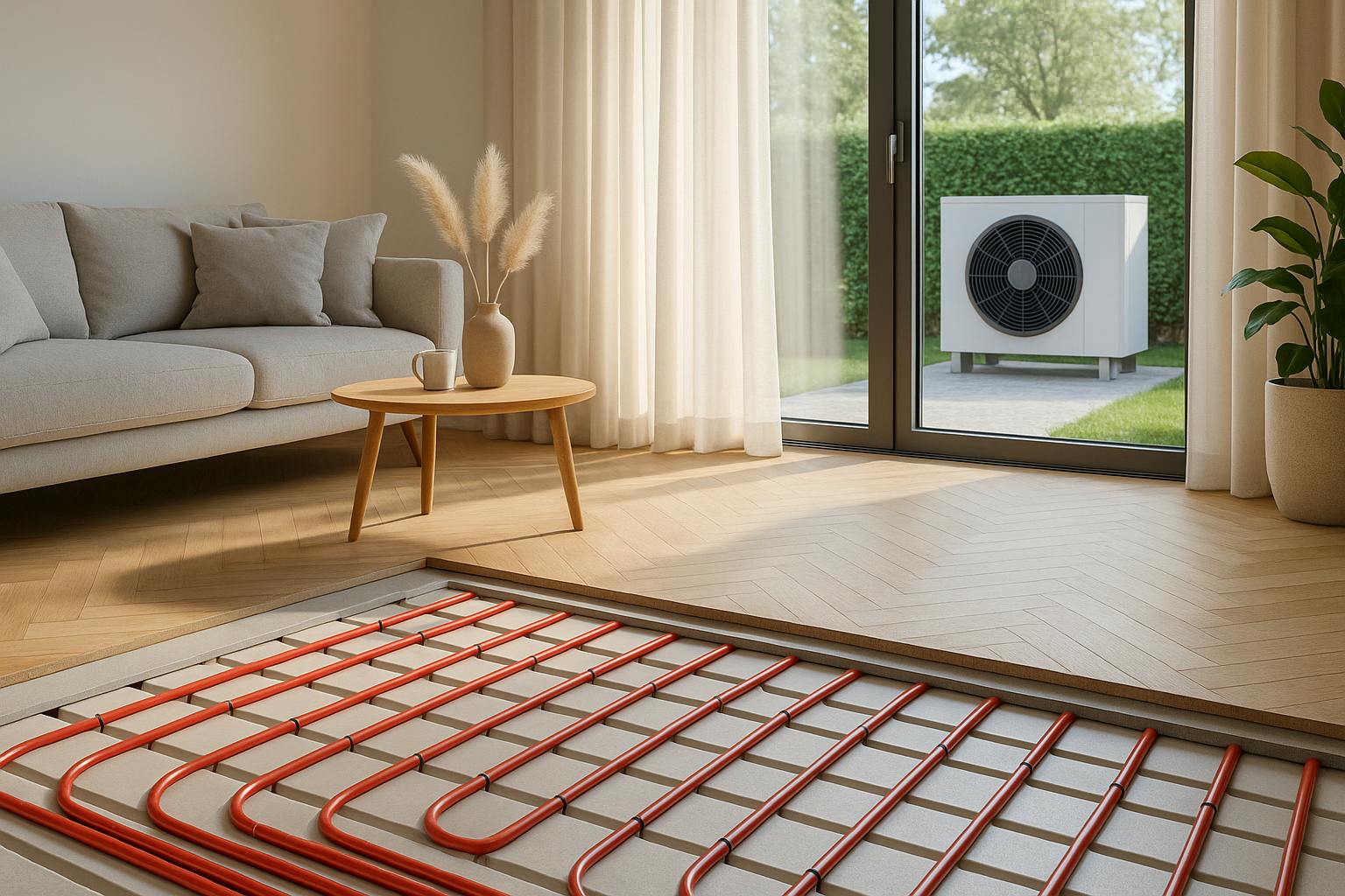 Pompe à chaleur air-eau et plancher chauffant dans une maison moderne, illustrant le confort homogène et les économies d’énergie