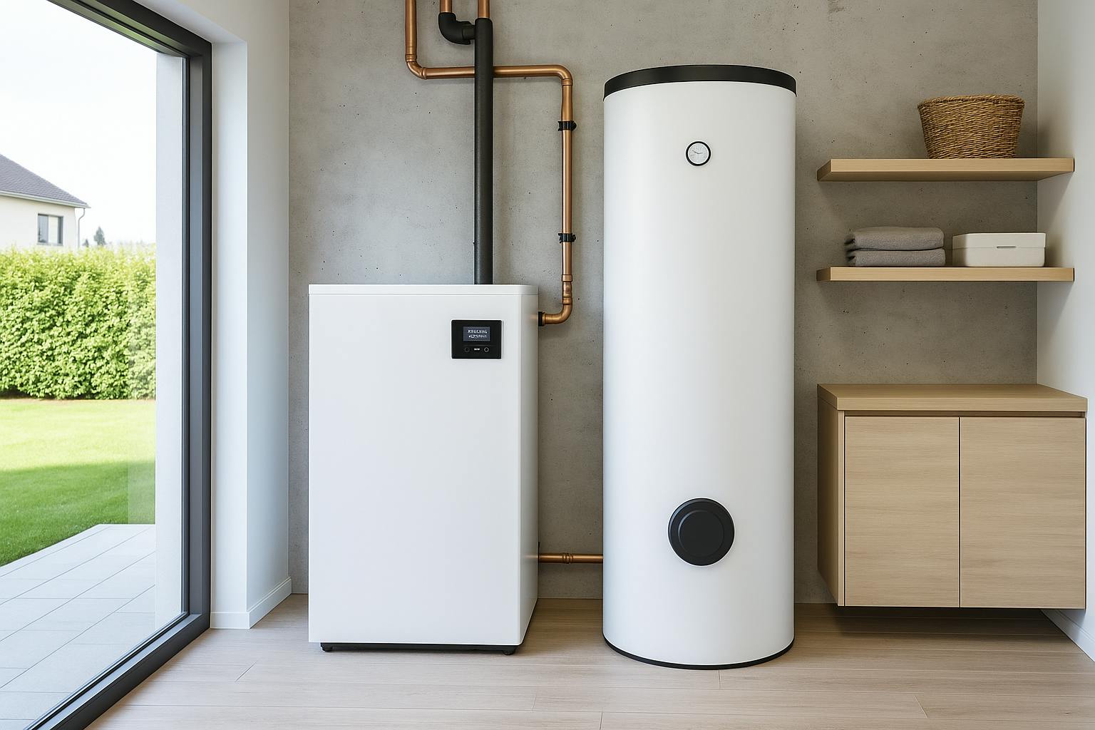 Pompe à chaleur air-eau et ballon d’eau chaude sanitaire installés dans une maison moderne, dans une pièce technique lumineuse et épurée