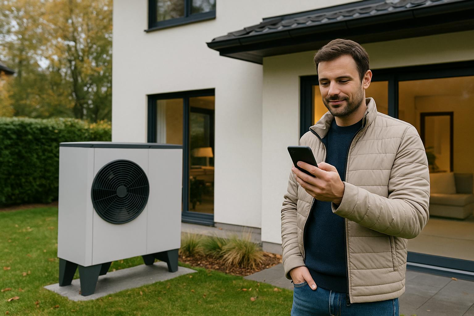 Homme consultant son smartphone devant une maison équipée d’une pompe à chaleur air-eau moderne, illustrant le pilotage connecté du chauffage