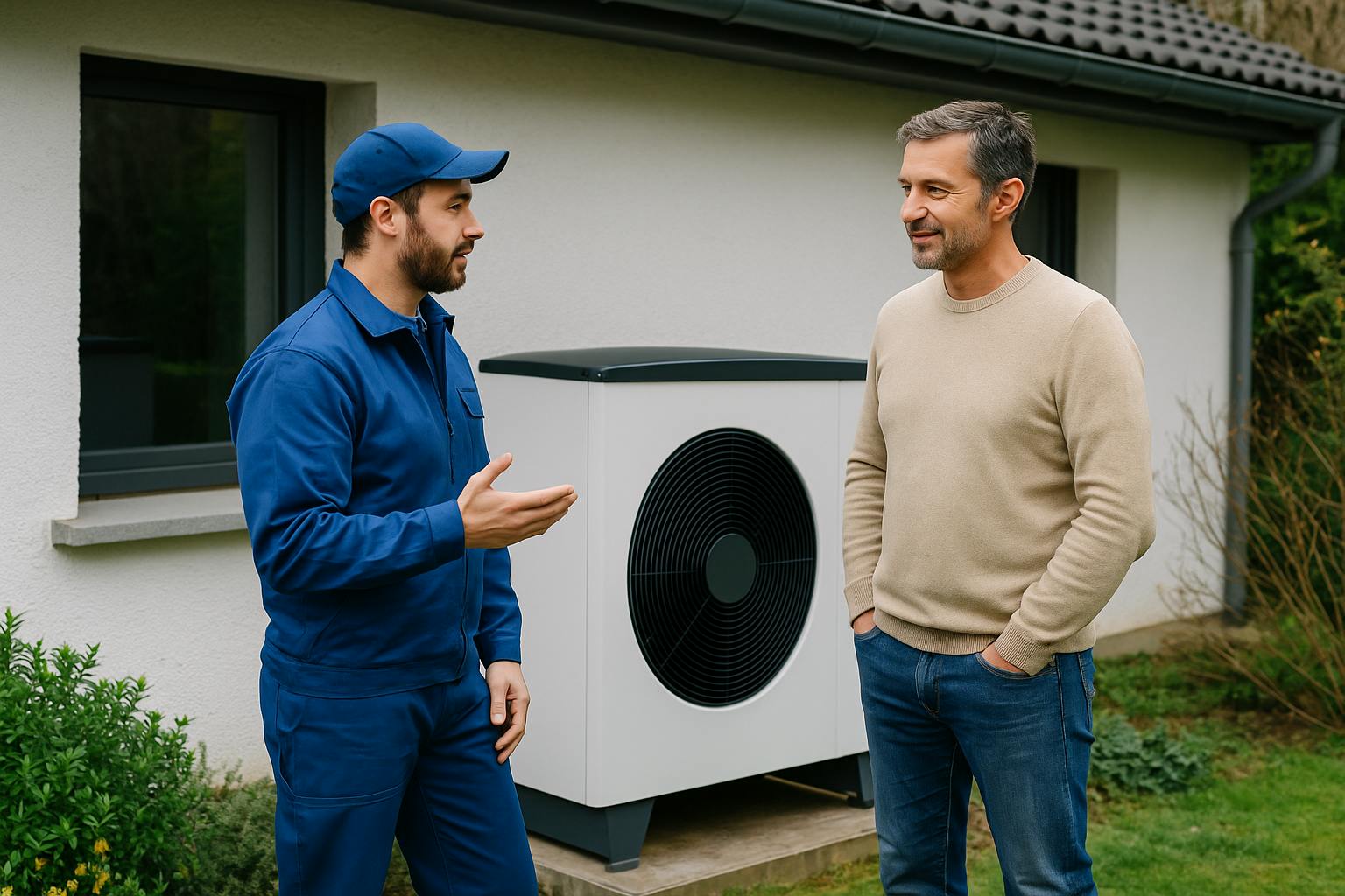 Propriétaire discutant avec un technicien devant une maison équipée d’une pompe à chaleur air-eau moderne
