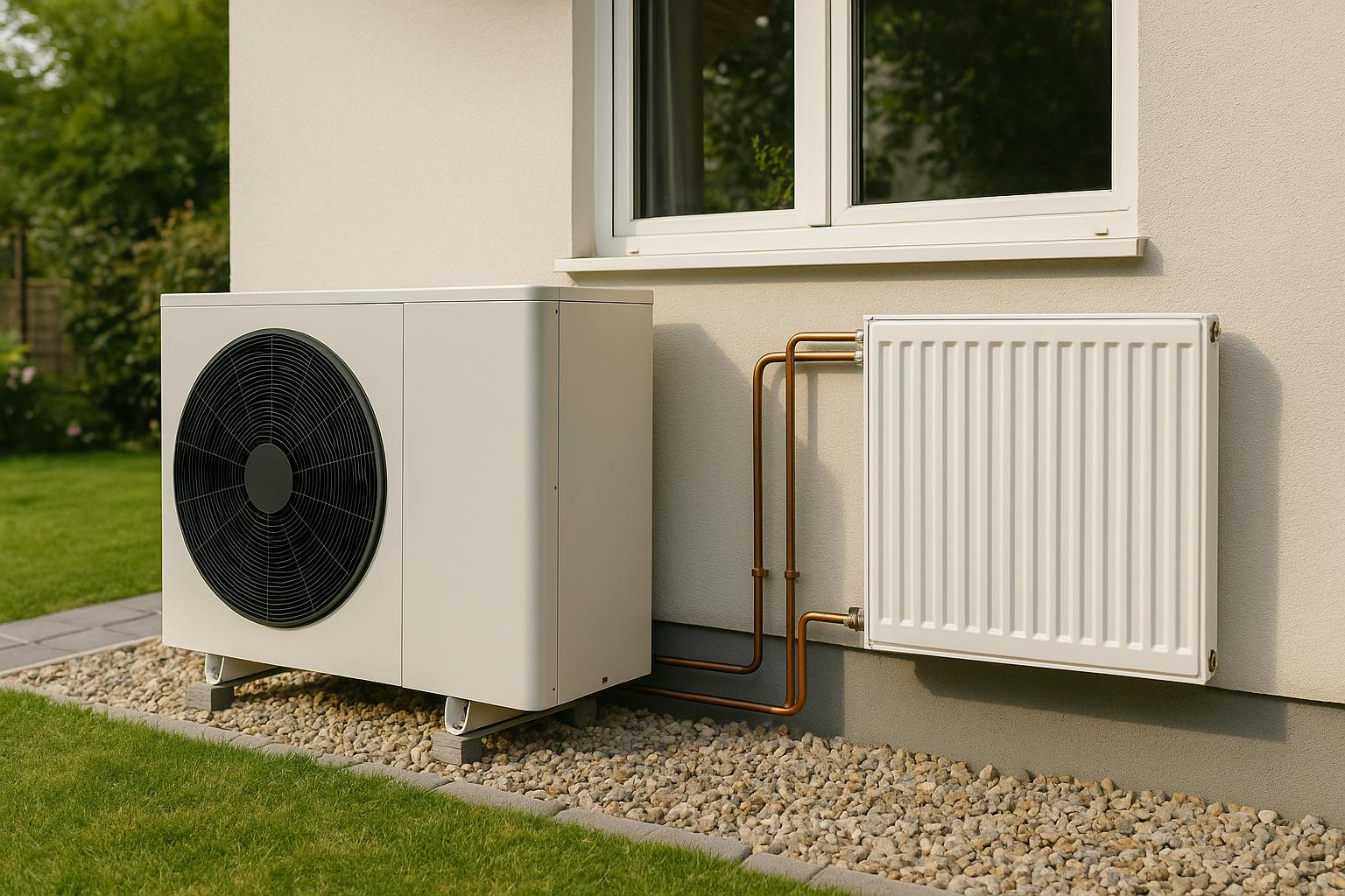 Pompe à chaleur air-eau moderne installée à l’extérieur d’une maison, reliée à des radiateurs existants en cuivre et acier