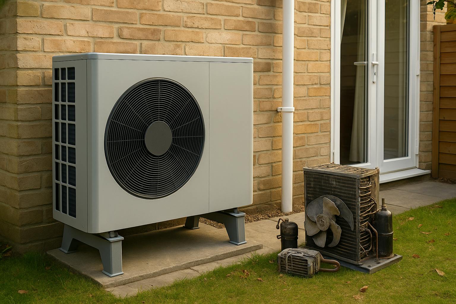Ancienne pompe à chaleur air-eau déposée à côté d’un modèle neuf installé sur la façade d’une maison moderne
