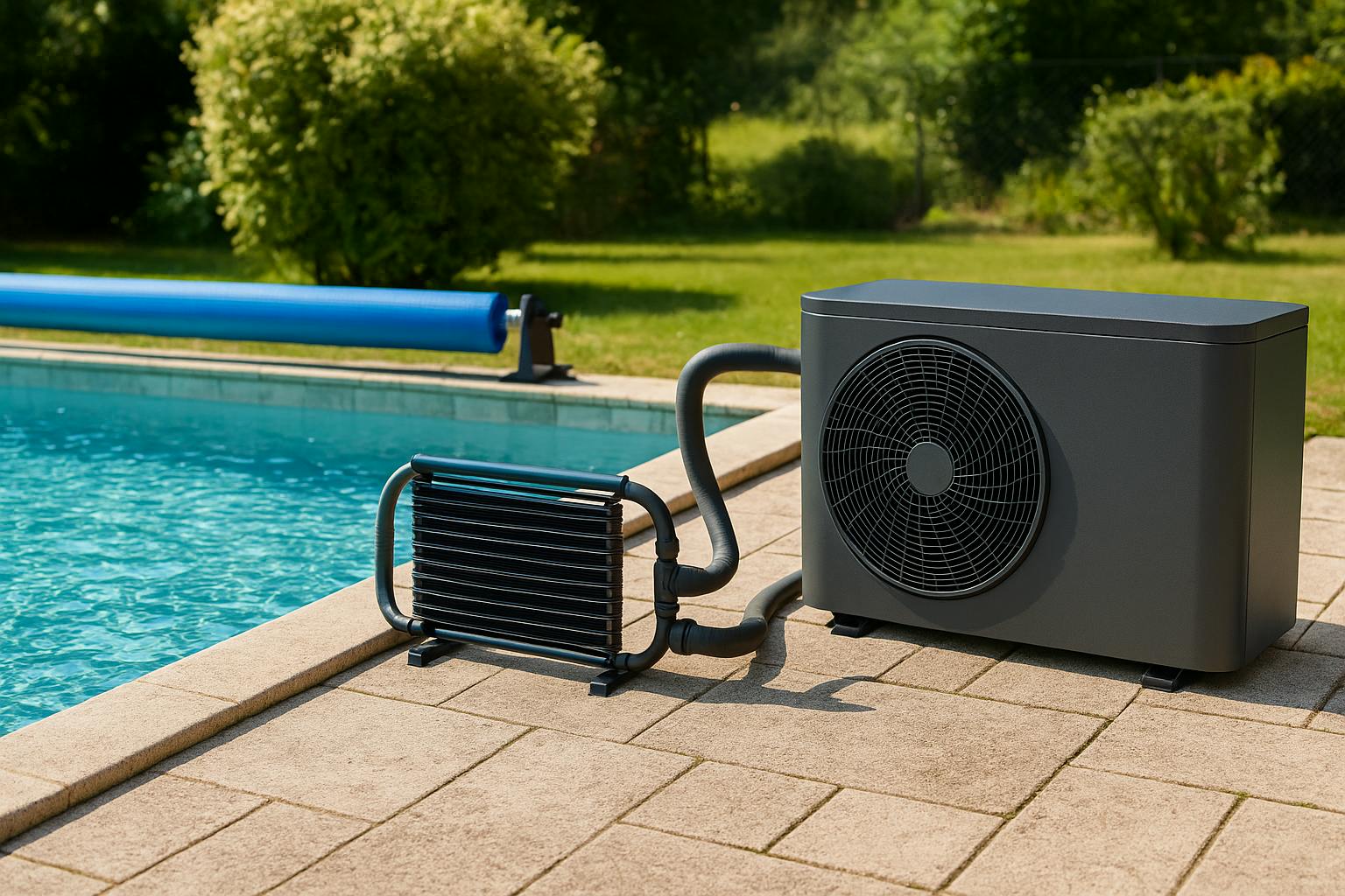 Pompe à chaleur air-eau installée près d’une piscine moderne dans un jardin ensoleillé
