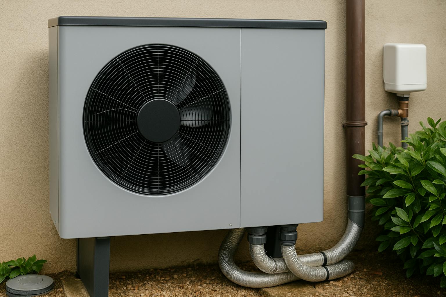 Pompe à chaleur air-eau installée à l’extérieur d’une maison moderne avec dispositif anti-calcaire visible