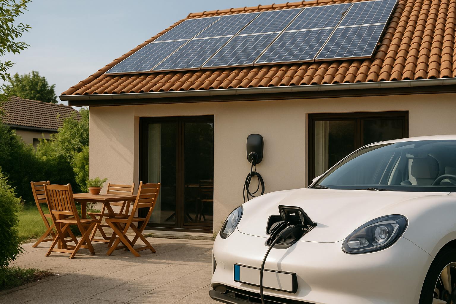 Maison moderne équipée de panneaux solaires et d’une voiture électrique en charge sur la borne extérieure