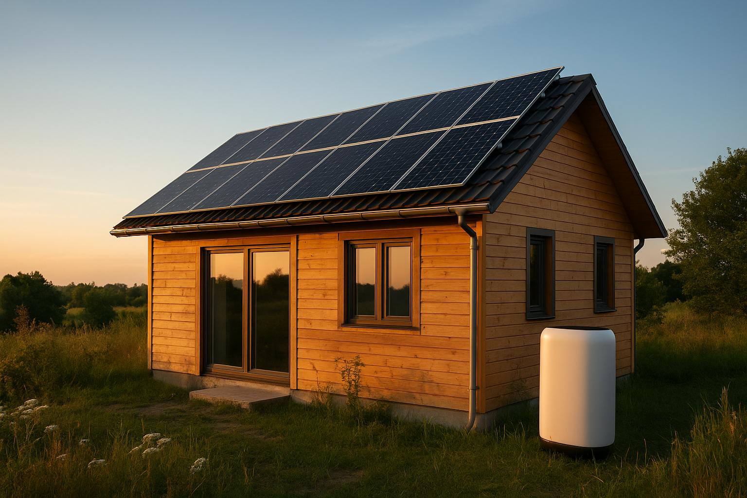 Maison en bois autonome équipée de panneaux solaires sur le toit et d’un système de batterie, isolée dans la nature