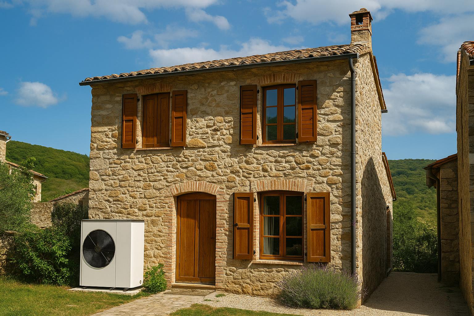Maison en pierre rénovée équipée d’une pompe à chaleur air-eau intégrée discrètement dans le jardin