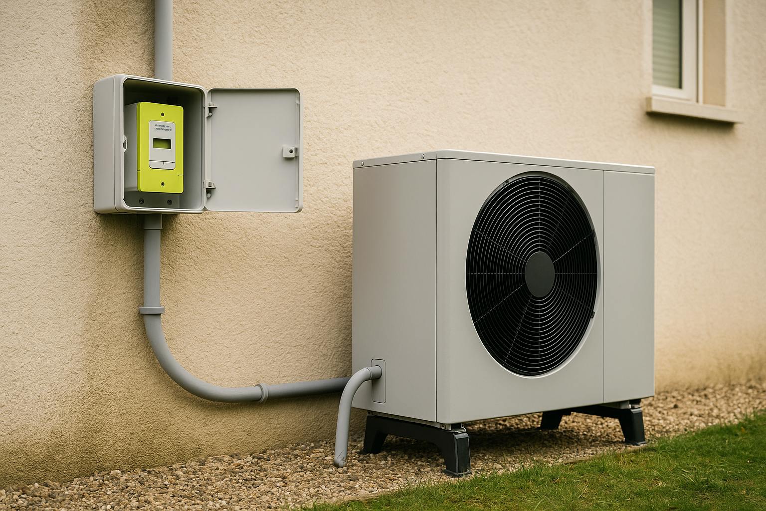 Compteur électrique moderne et pompe à chaleur air-eau installés sur la façade d’une maison, en journée