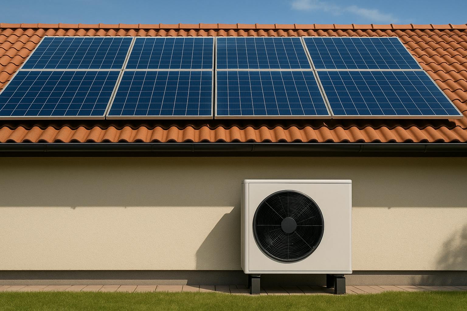 Maison moderne avec panneaux solaires sur le toit et pompe à chaleur air-eau installée dans le jardin, sous un ciel bleu