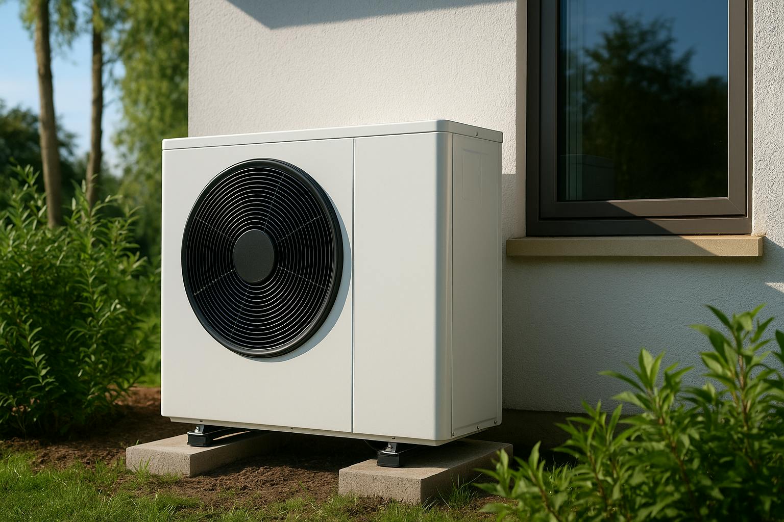Pompe à chaleur air-eau moderne installée à l’extérieur d’une maison, fonctionnant sous un climat variable entre soleil et froid