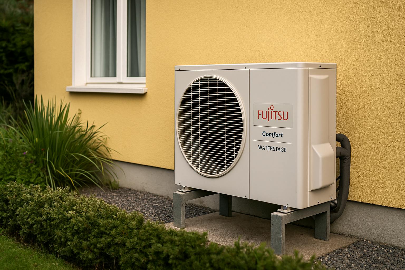 Propriétaire inspectant la façade de sa maison avant l’installation d’une pompe à chaleur air-eau, par temps clair