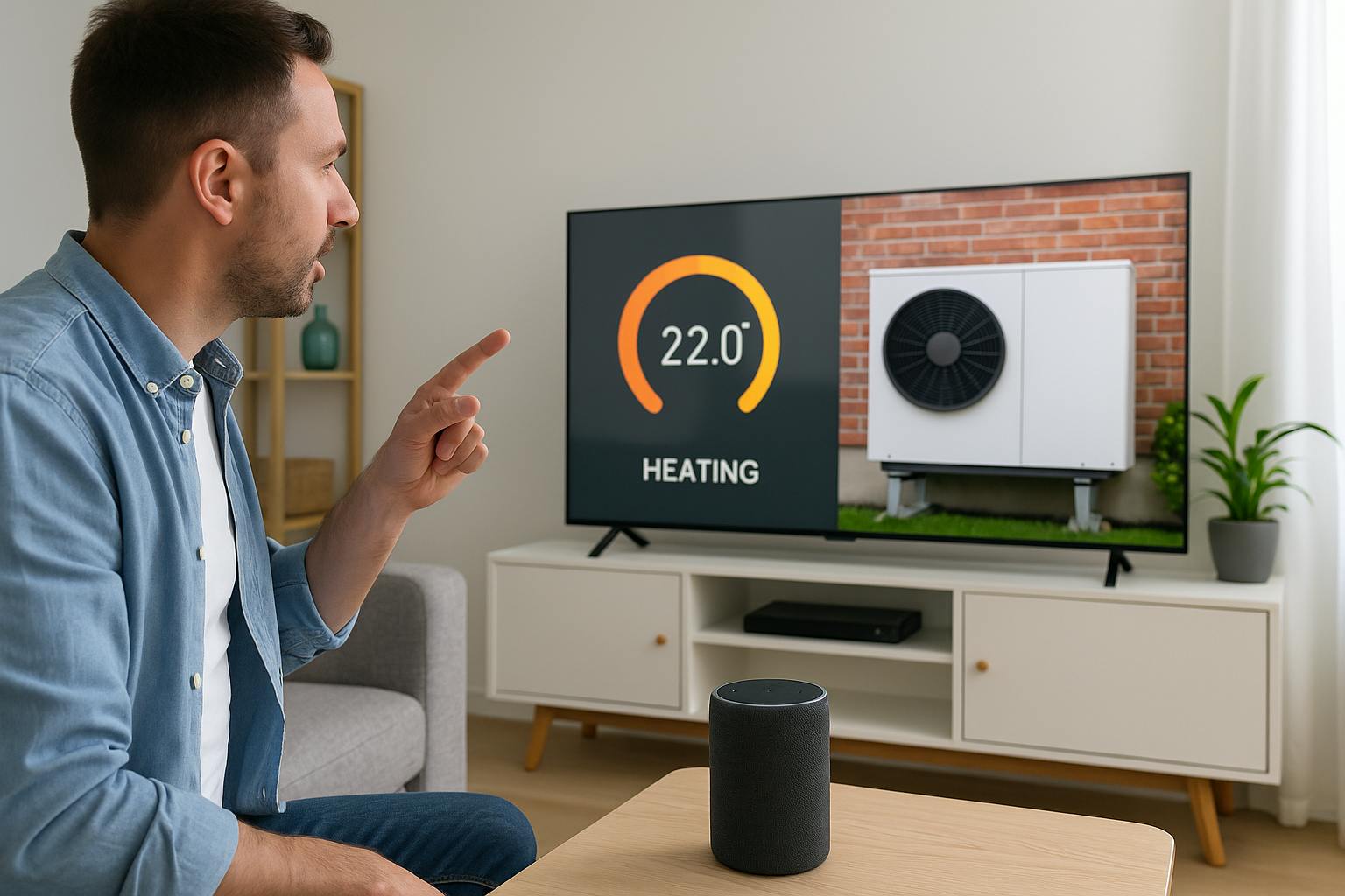 Homme pilotant sa pompe à chaleur air-eau connectée par commande vocale dans un salon moderne