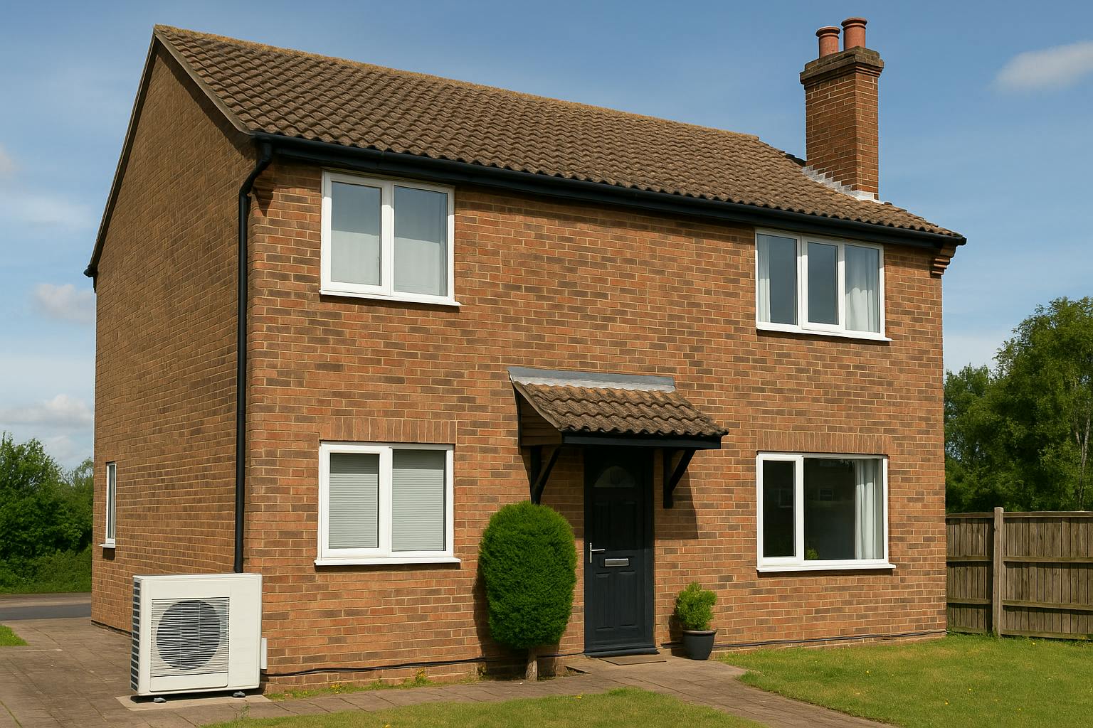 Maison moderne en briques équipée d’une pompe à chaleur air-eau installée à l’extérieur, illustrant la transition énergétique après le fioul.