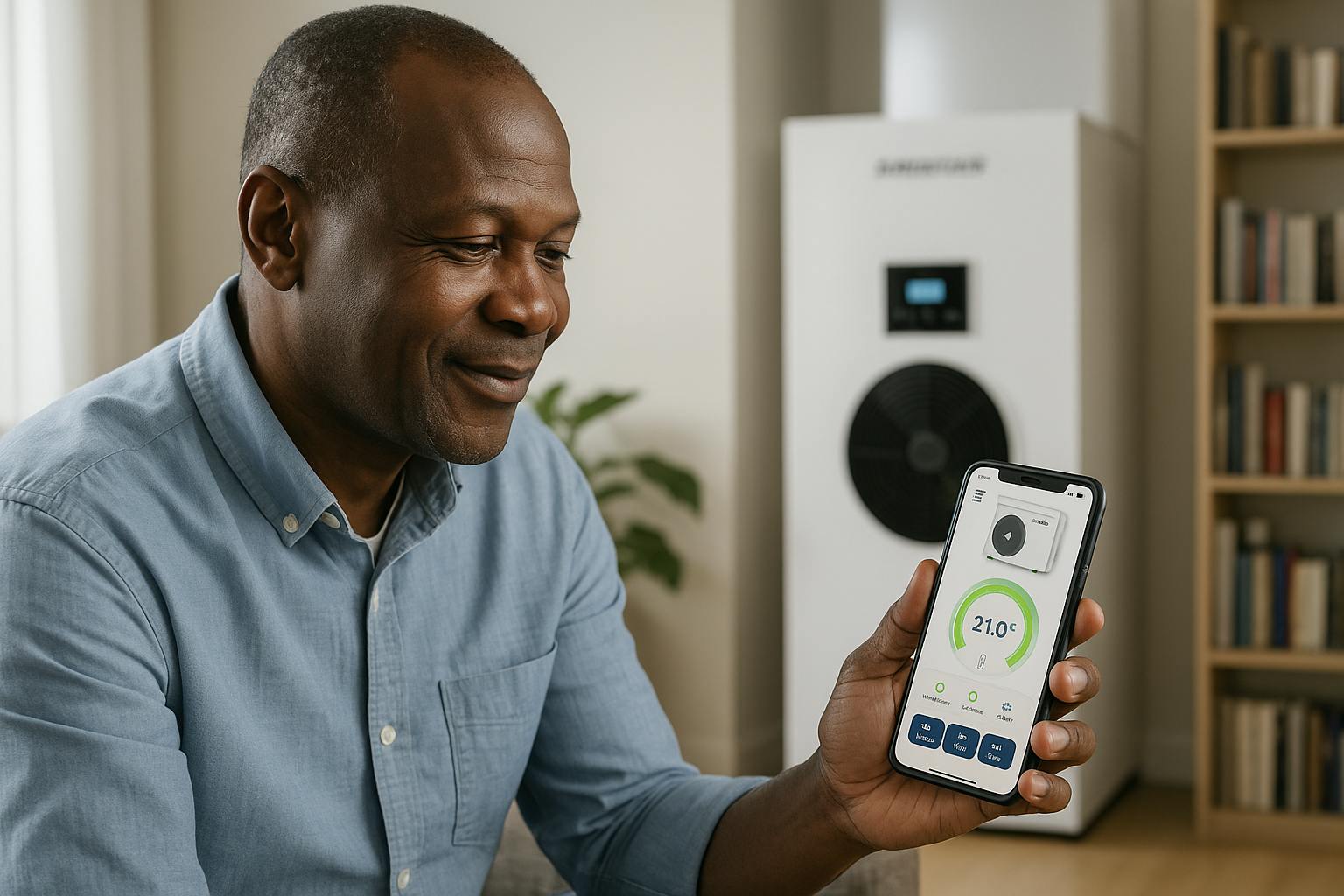 Homme consultant l’application Ariston Net sur son smartphone pour suivre la consommation de sa pompe à chaleur air-eau Ariston Nimbus Plus S Net R32.
