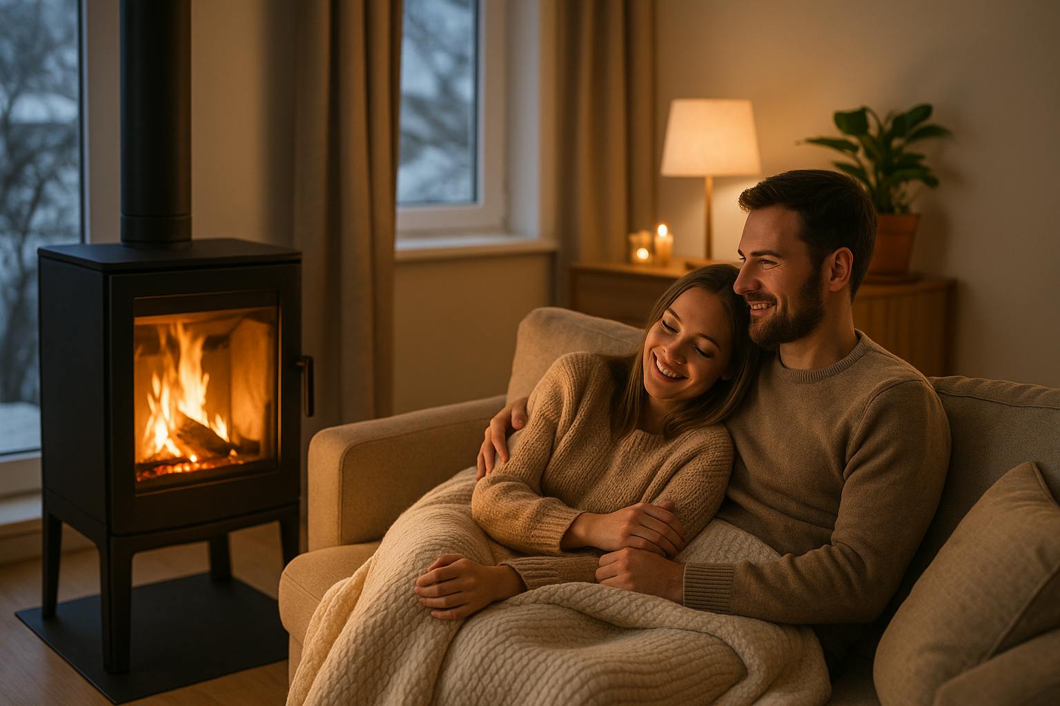 Couple profitant d’une chaleur douce dans un salon moderne et chaleureux en hiver
