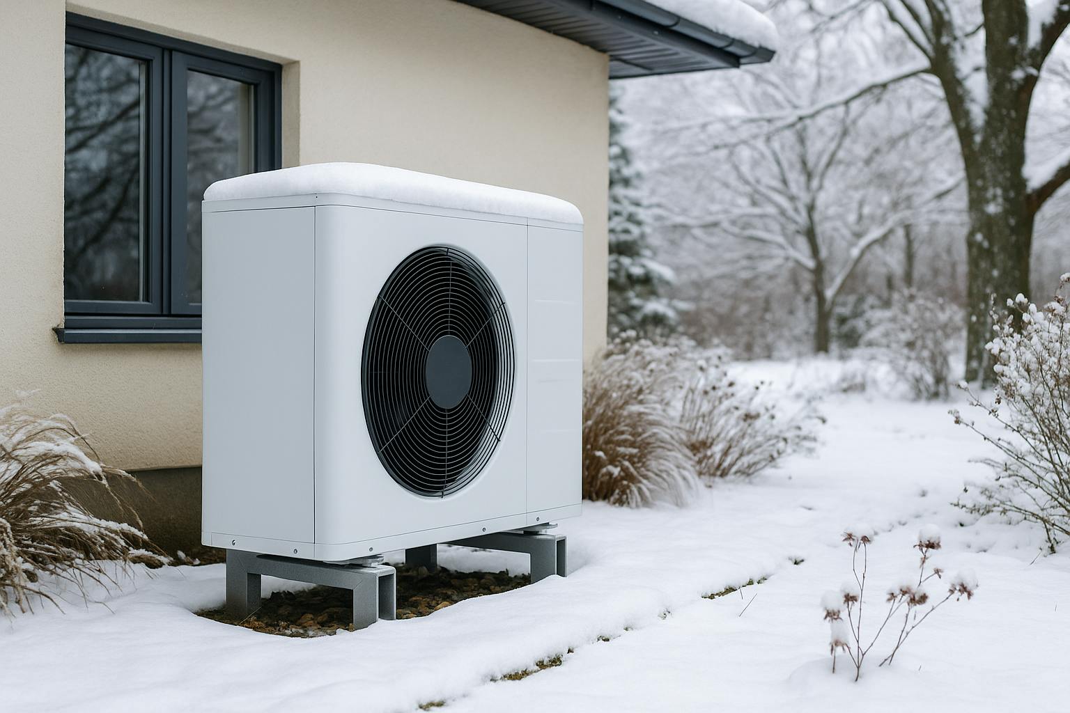 Pompe à chaleur air-eau installée à l’extérieur d’une maison moderne par temps hivernal doux