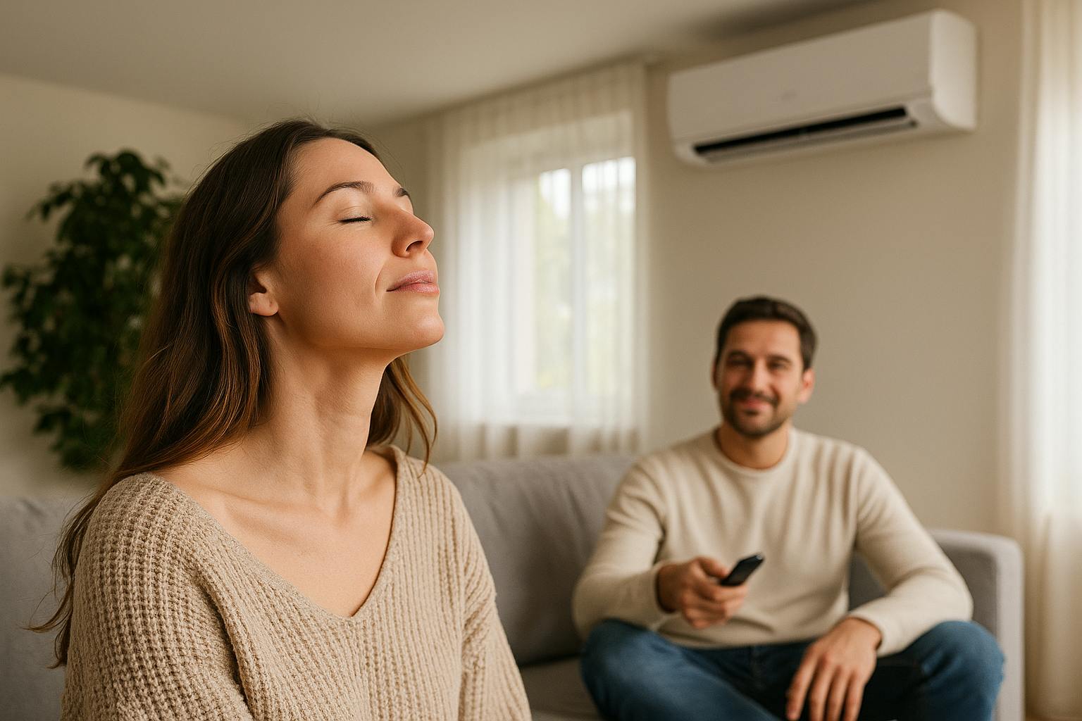 Couple respirant un air sain dans un salon moderne bien chauffé grâce à une pompe à chaleur air-eau