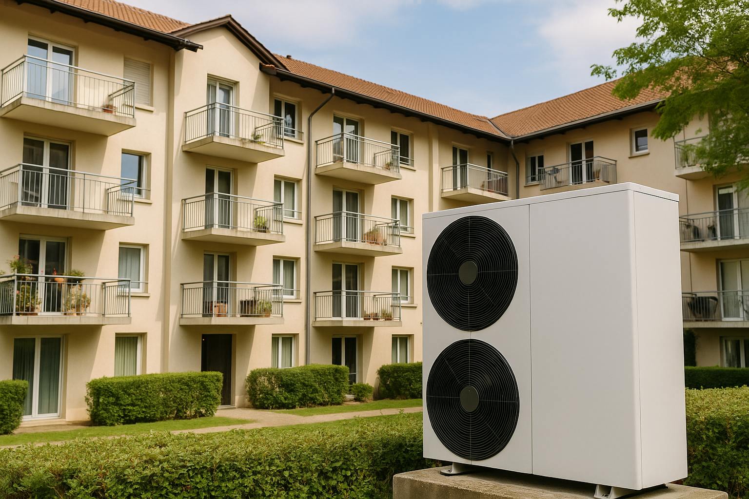 Pompe à chaleur collective installée devant un immeuble résidentiel moderne en copropriété