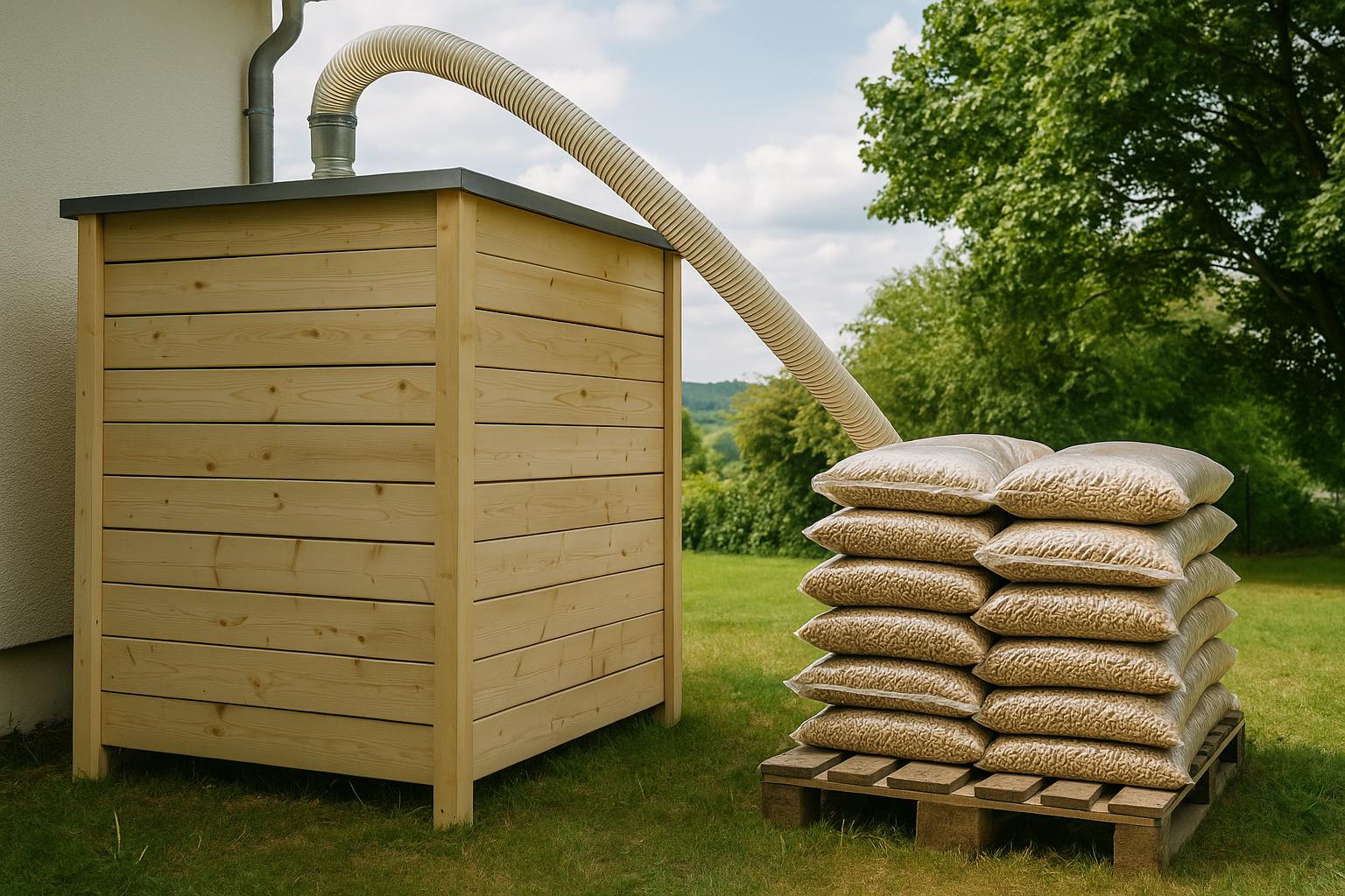 Silo à granulés en bois et sacs de pellets empilés à côté d’une maison moderne