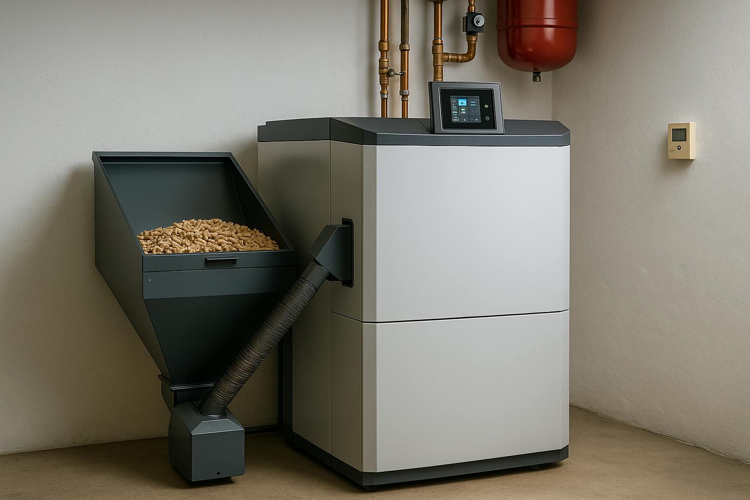 Chaudière à granulés moderne avec interface numérique dans une pièce technique lumineuse