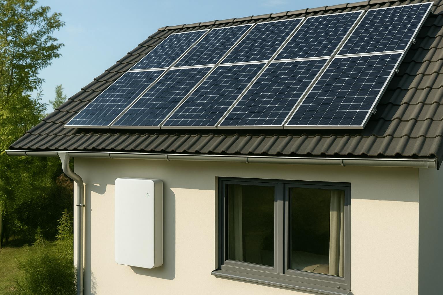 Maison moderne équipée de panneaux solaires et d’une batterie domestique sur façade