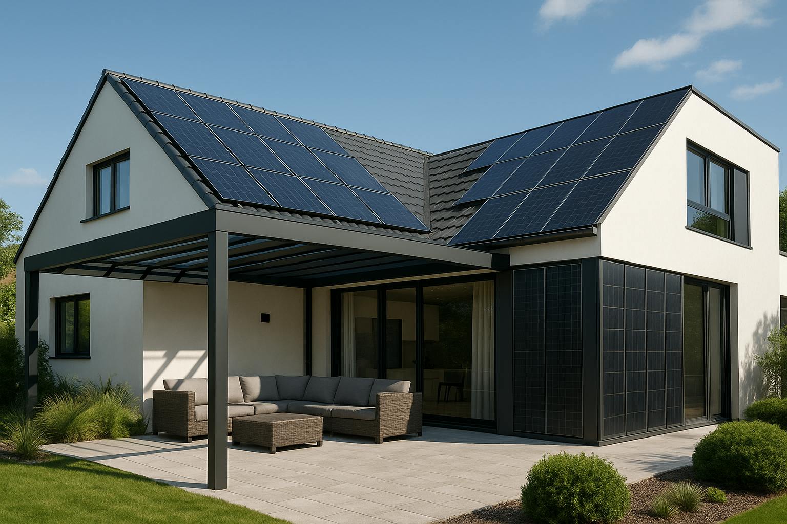 Maison moderne équipée de panneaux solaires intégrés à la toiture, à la pergola et à la façade