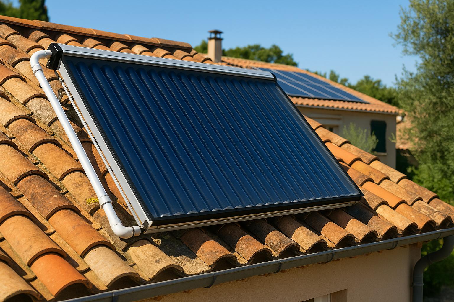 Panneaux solaires thermiques sur le toit d’une maison moderne pour alimenter un ballon solaire