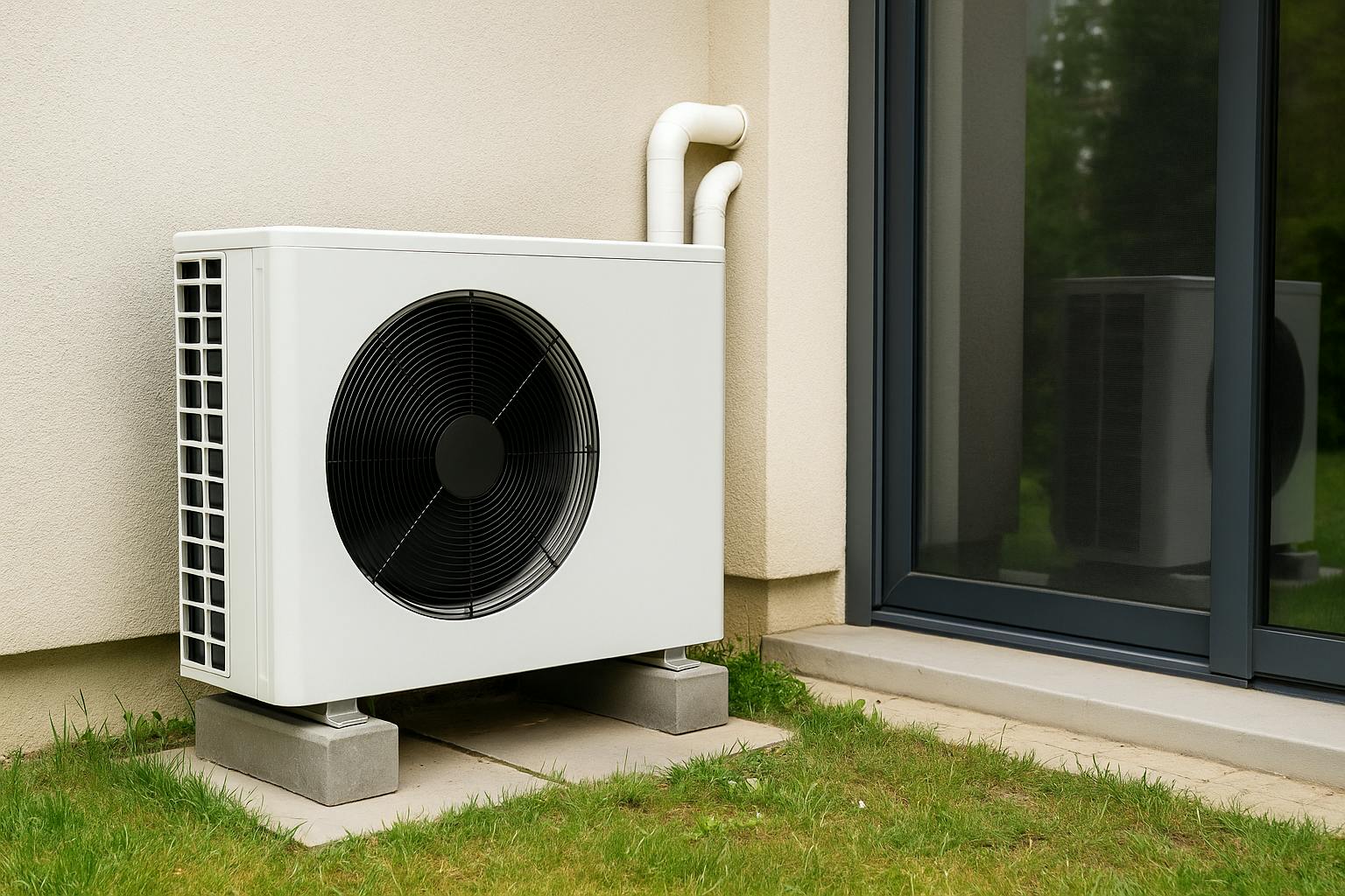 Pompe à chaleur air-eau moderne installée à l’extérieur d’une maison contemporaine