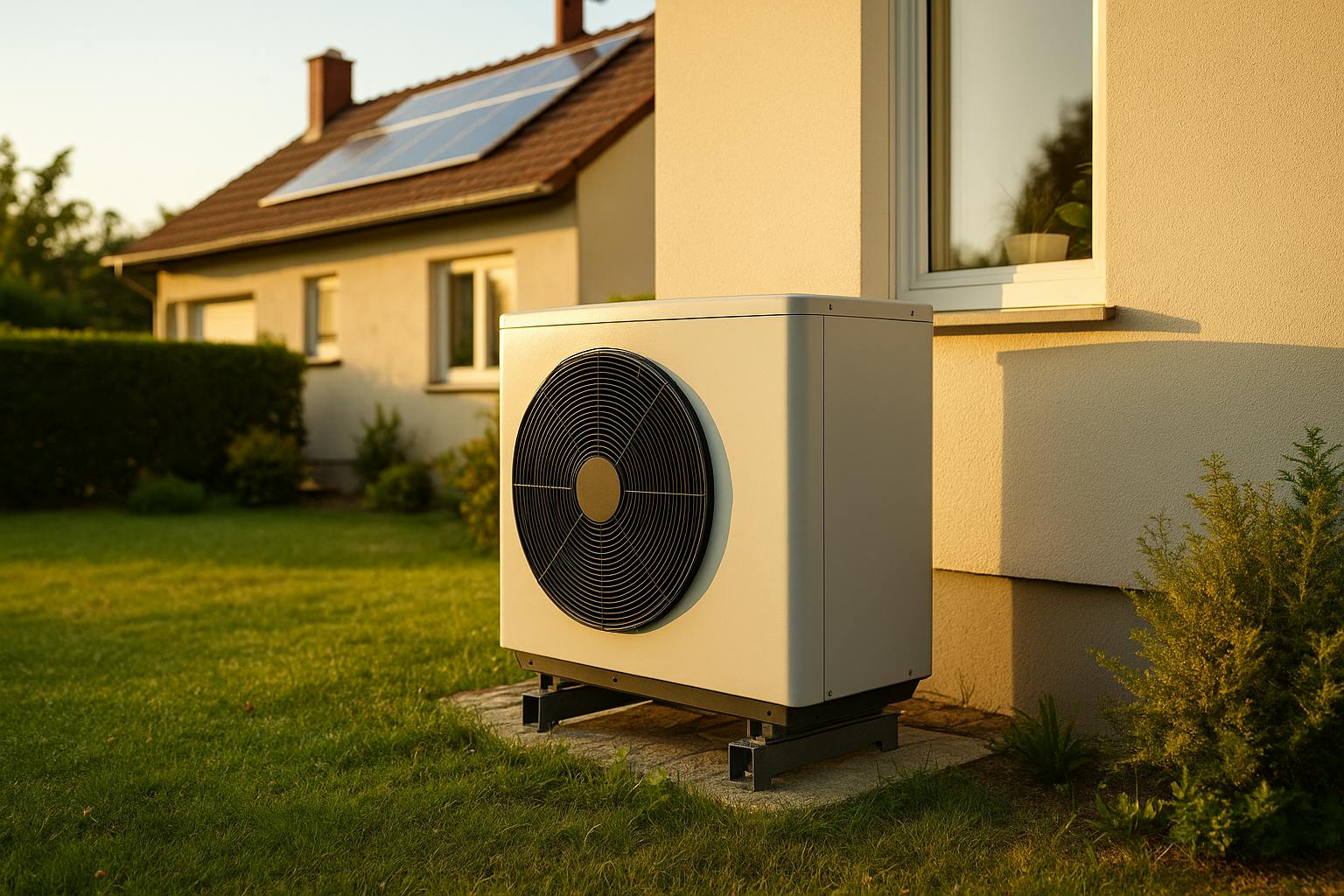 Pompe à chaleur air-eau installée à l’extérieur d’une maison moderne avec panneaux solaires sur le toit