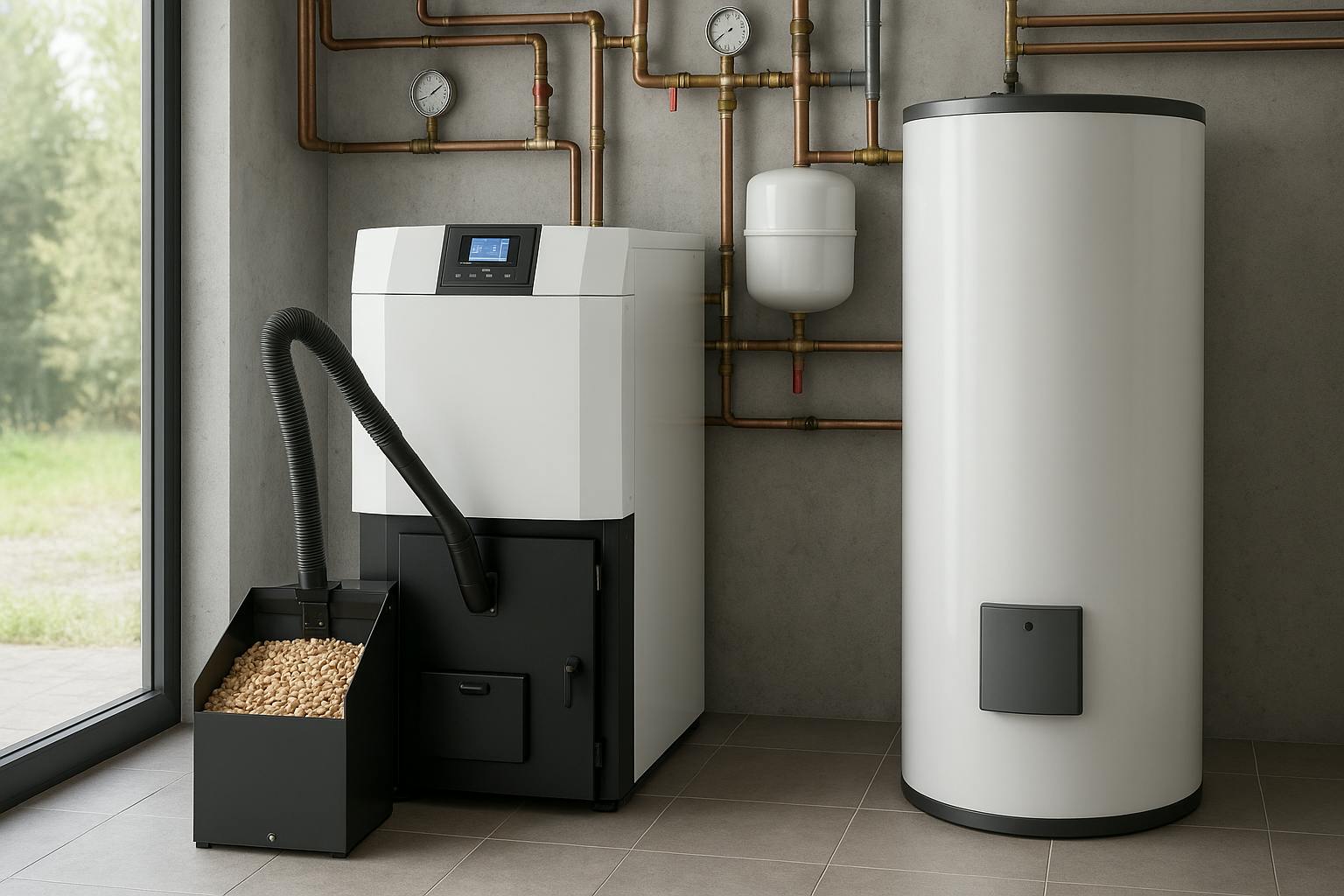 Chaudière à granulés moderne installée dans une buanderie claire avec silo à granulés