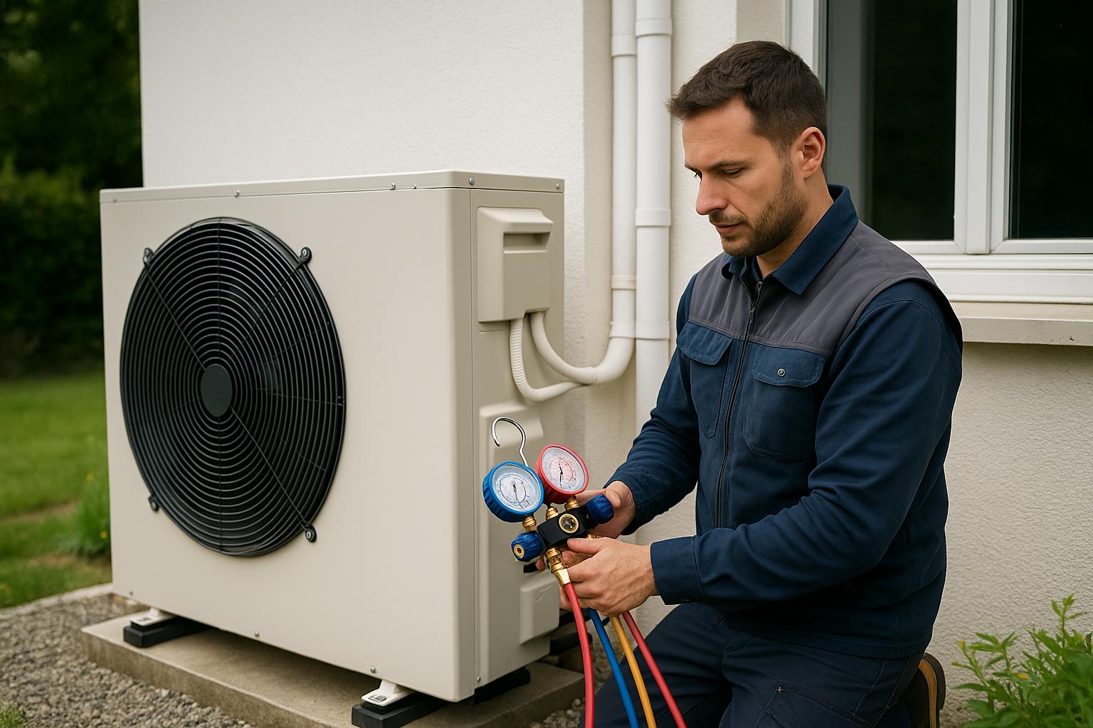 Technicien ajustant les réglages d’une pompe à chaleur air-eau installée à l’extérieur d’une maison moderne.