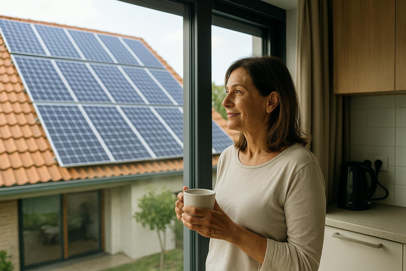 Femme observant les panneaux solaires installés sur le toit de sa maison depuis sa cuisine lumineuse.