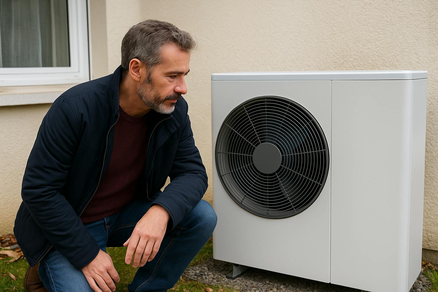 Homme observant sa pompe à chaleur air-eau installée à l’extérieur de sa maison, illustrant les économies d’énergie réalisées.