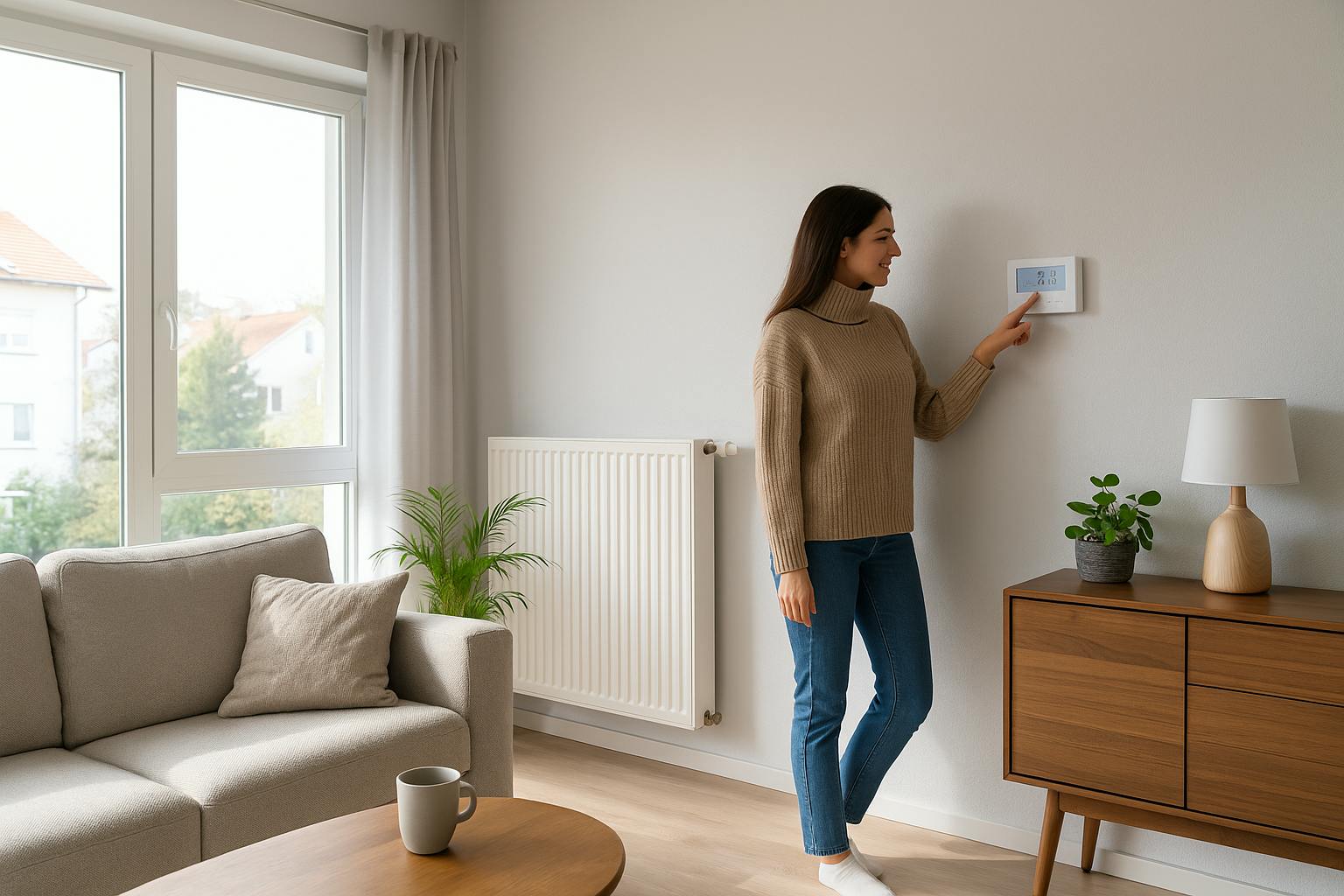 Femme ajustant la température sur un thermostat mural dans un salon lumineux, illustrant un chauffage adapté aux nouvelles saisons.