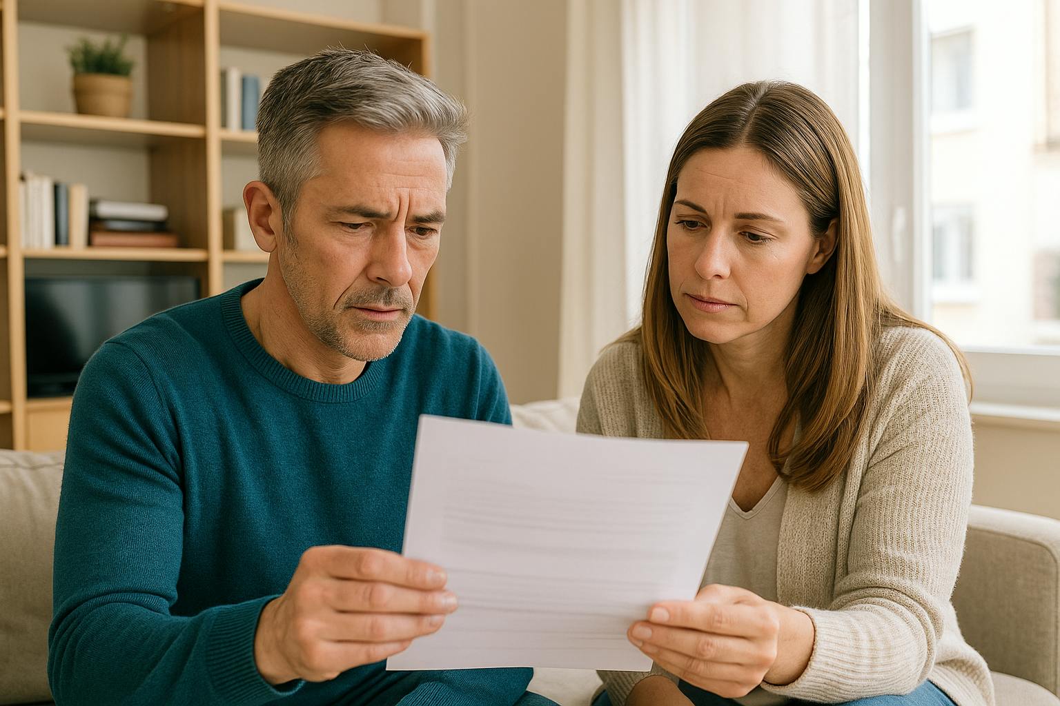 Couple consultant un dossier d’aides financières pour l’installation d’une pompe à chaleur dans leur salon lumineux.