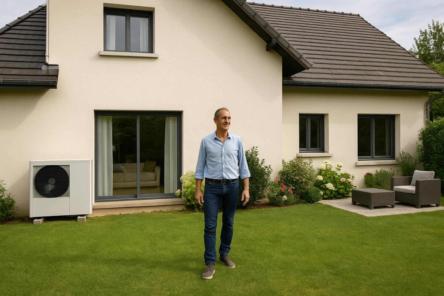 Homme debout devant sa maison moderne équipée d’une pompe à chaleur air-eau, profitant du calme et du confort acoustique de son installation.
