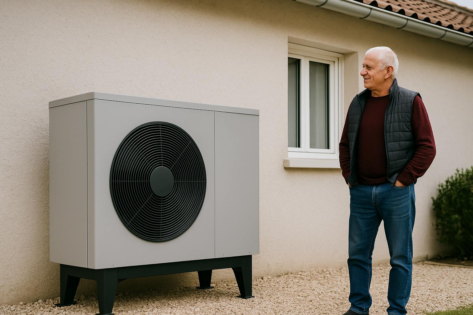 Homme observant une pompe à chaleur installée sur la façade de sa maison.

