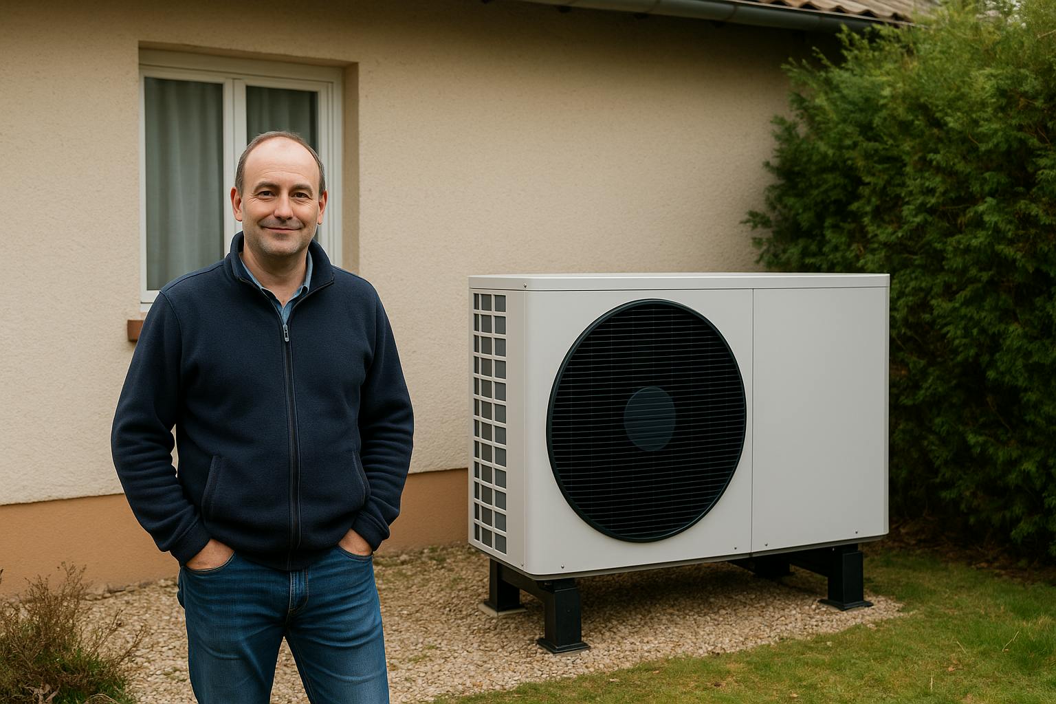 Maison individuelle équipée d’une pompe à chaleur air eau avec un particulier après installation

