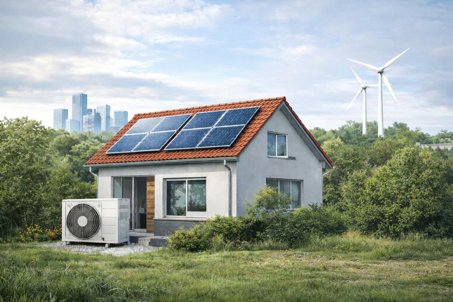 Illustration maison équipée de panneaux solaires et pompes à chaleur pour accompagner l'article du nouveau barème 2026 Anah - MaprimeRénov'