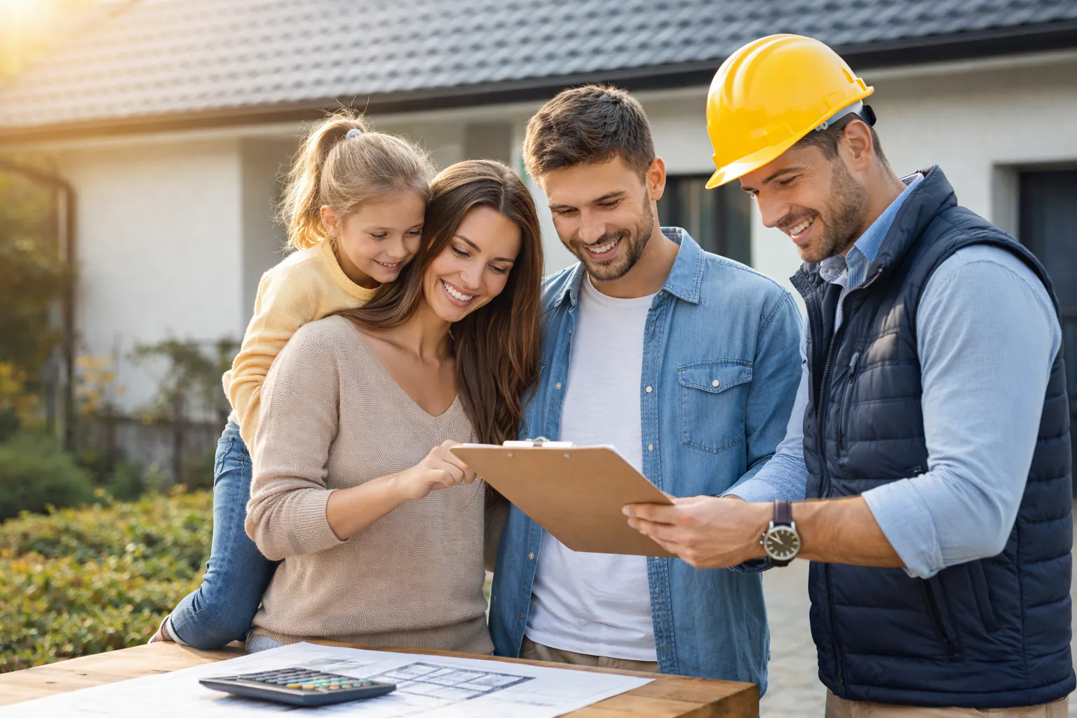 Famille avec artisan RGE devant une maison individuelle pour un projet de rénovation énergétique en 2026