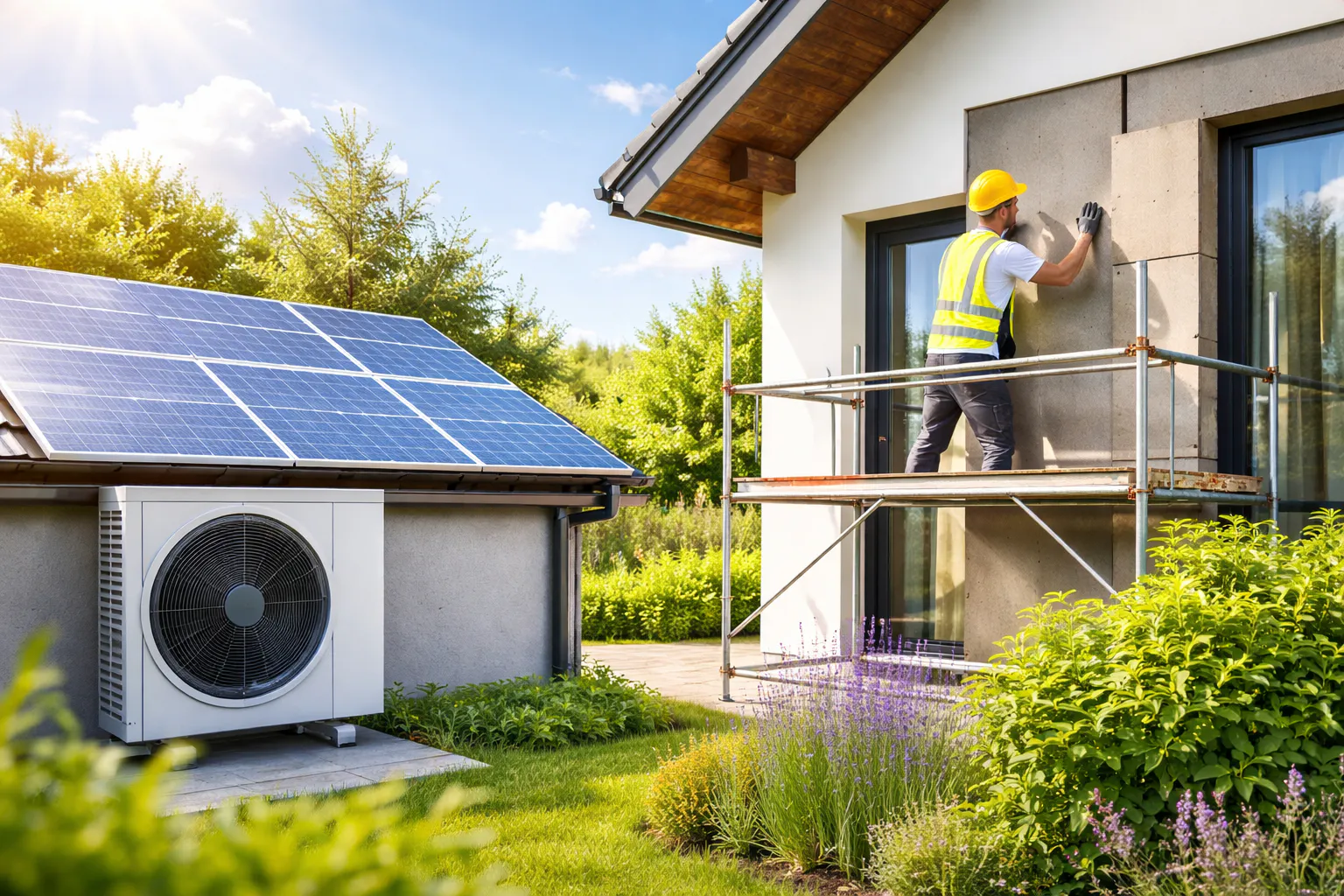 Maison rénovée avec pompe à chaleur air eau, panneaux solaires et isolation extérieure dans le cadre des aides MaPrimeRénov 2026
