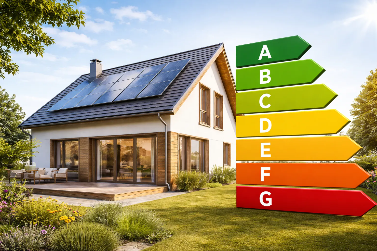Maison rénovée en 2026 avec panneaux solaires et pompe à chaleur dans le cadre de MaPrimeRénov