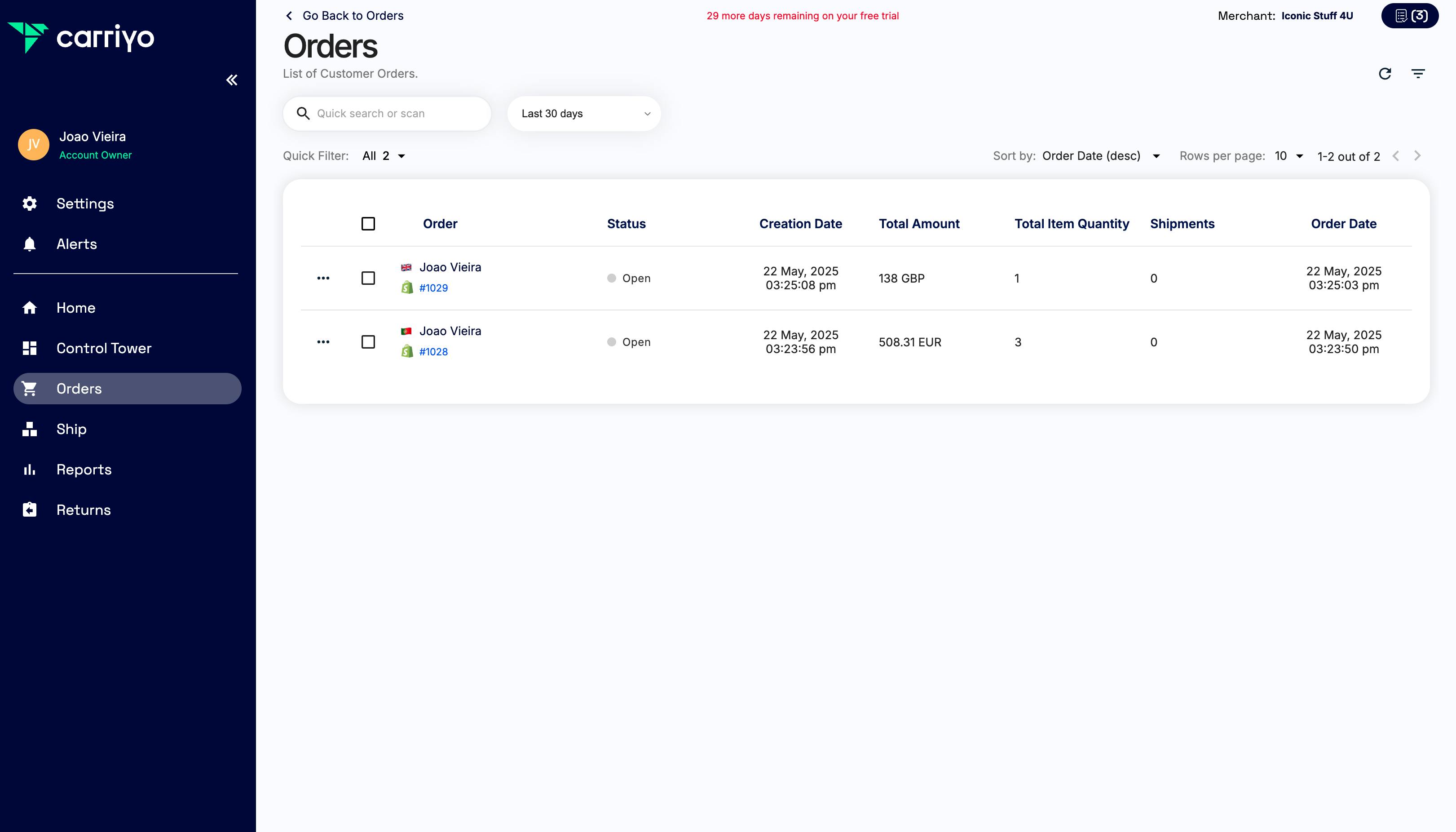 Carriyo Order Management Screen