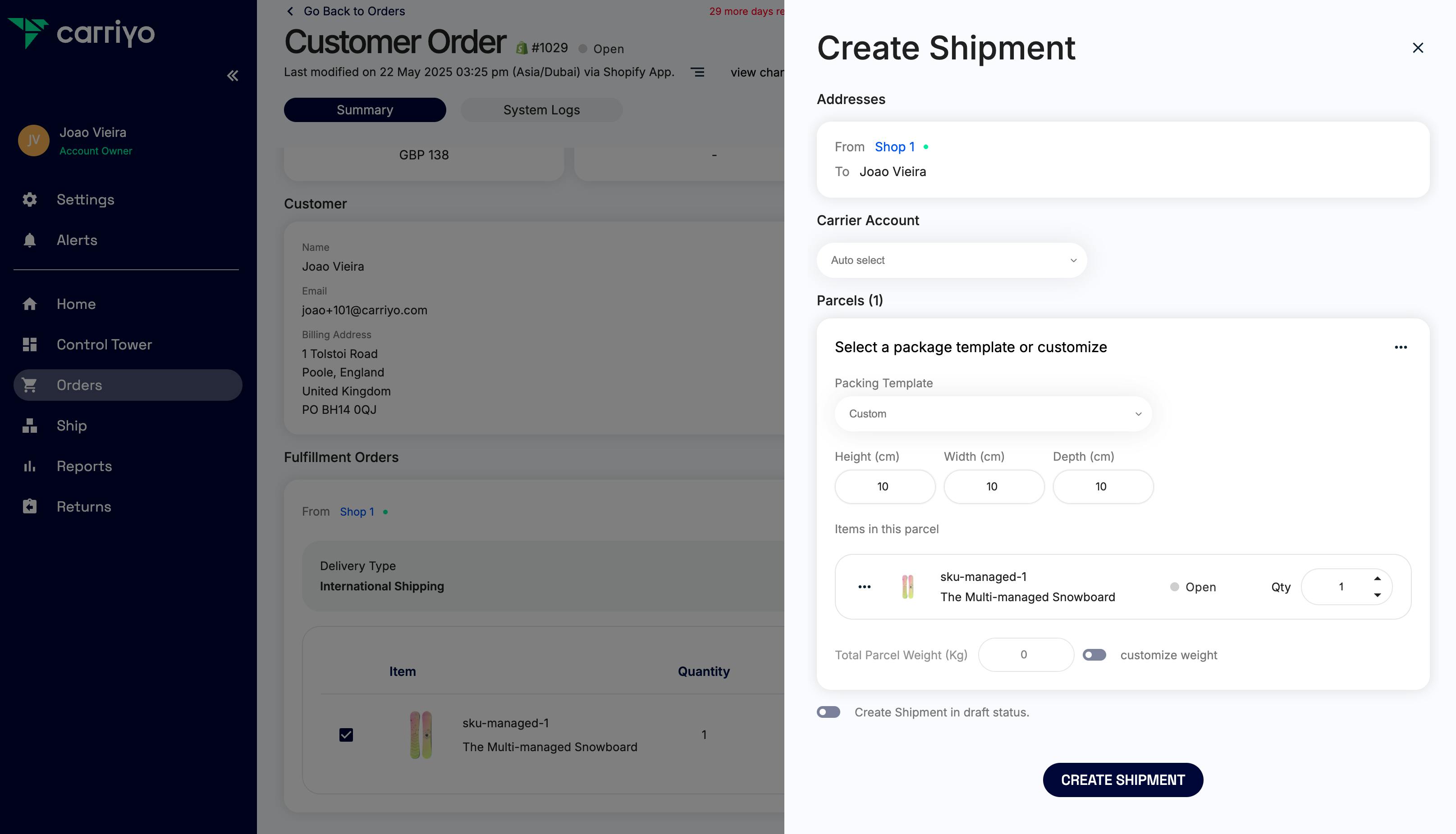 Carriyo Shipment Creation Screen
