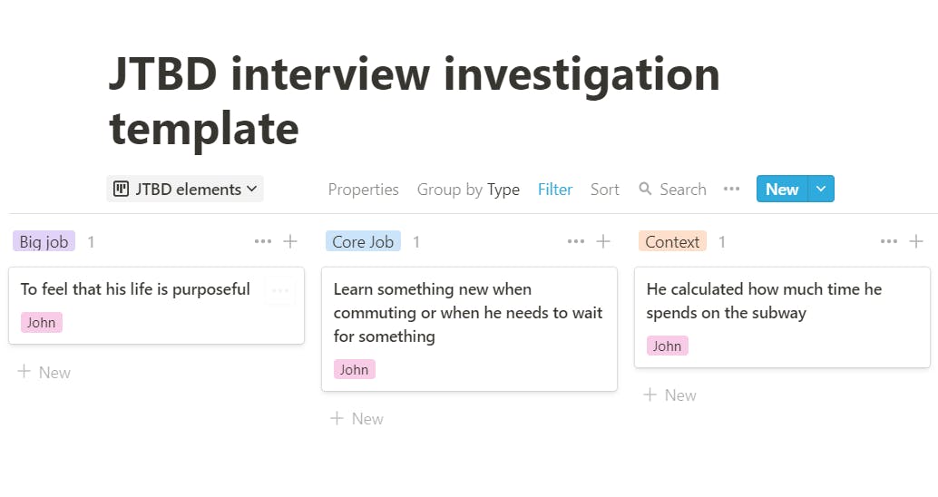 Template for the JTBD interview results