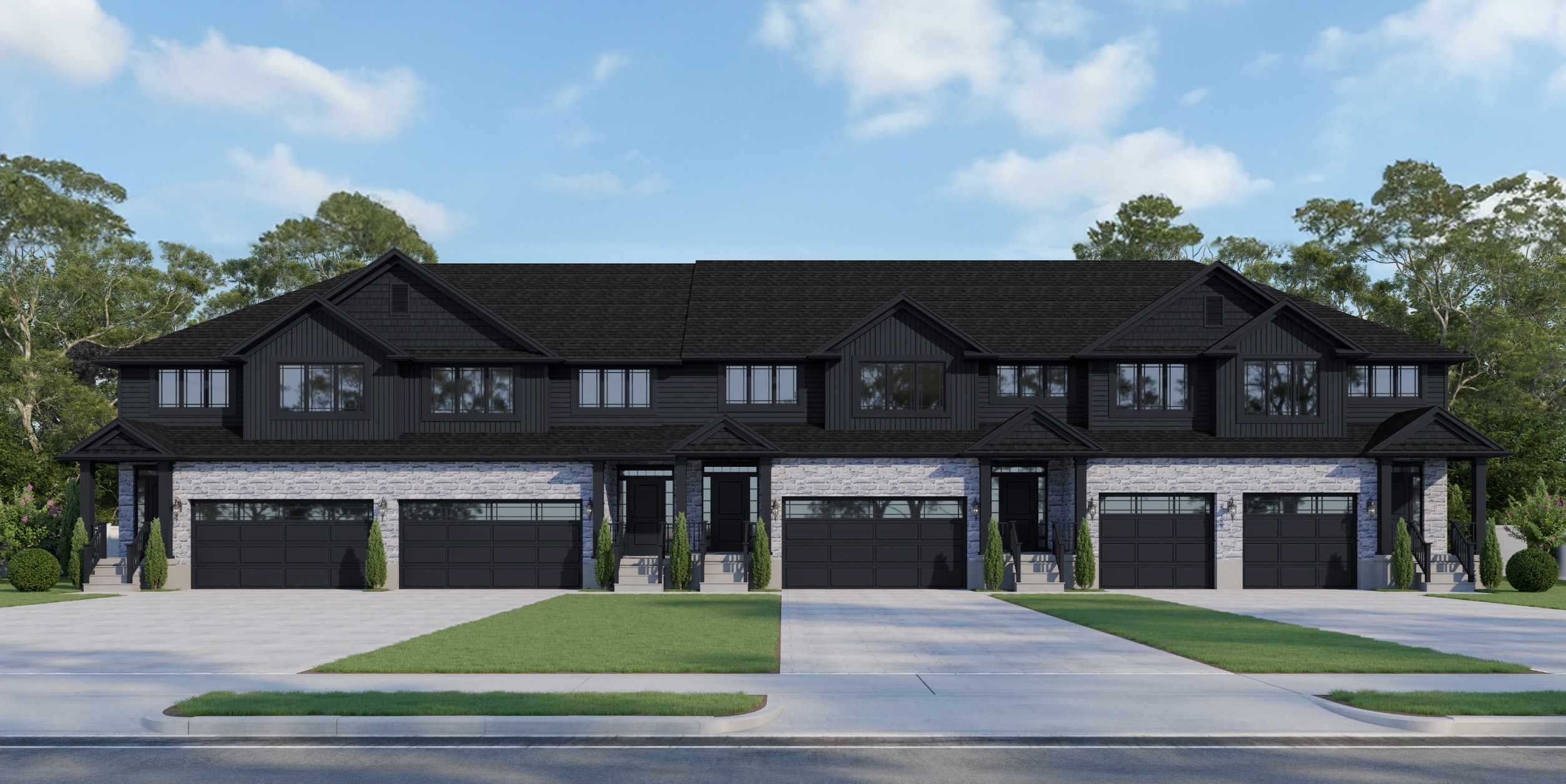 Modern stone and siding townhomes with black accents, gabled rooflines, and individual garages