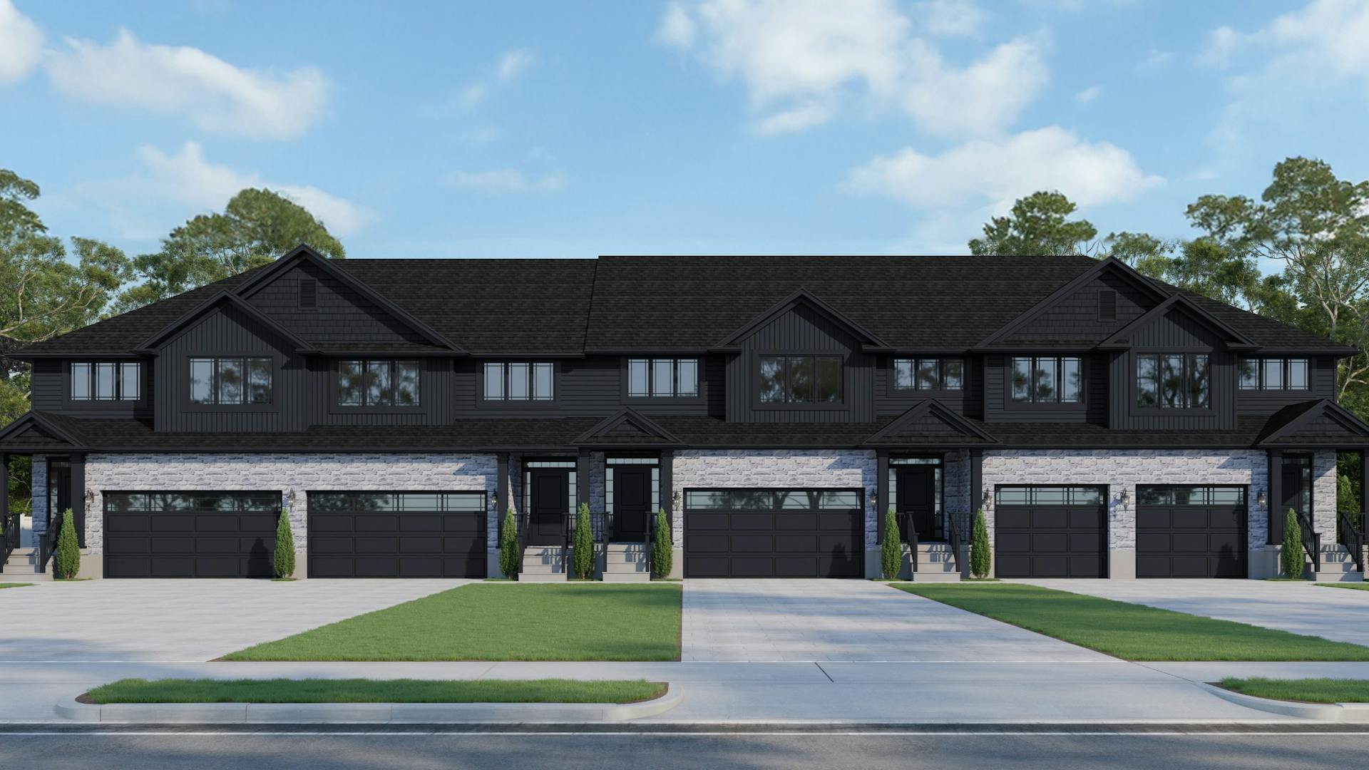 Modern stone and siding townhomes with black accents, gabled rooflines, and individual garages