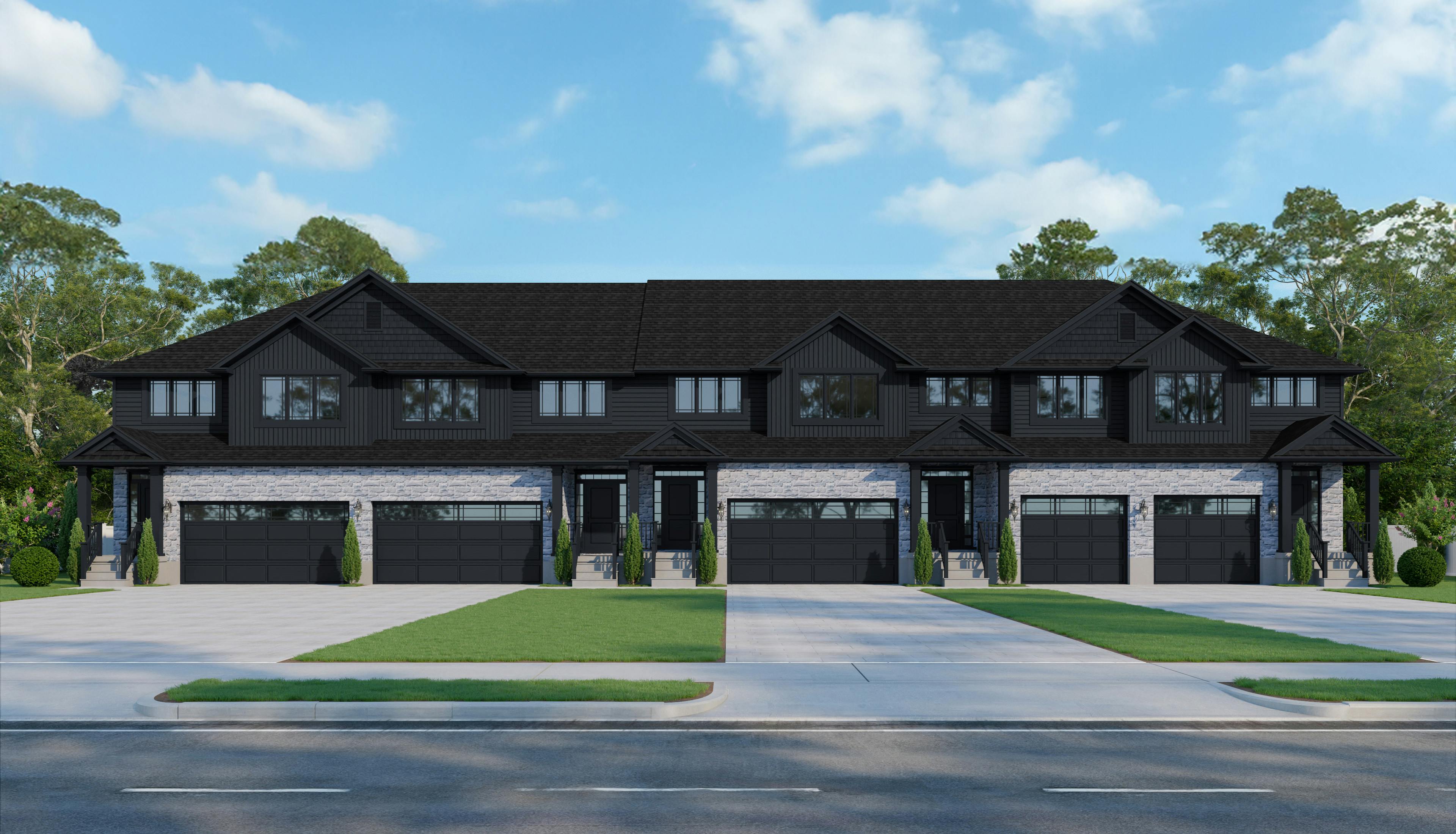 Front view of a townhouse complex with dark roofing, light siding, and brickwork, each unit featuring a driveway and black garage