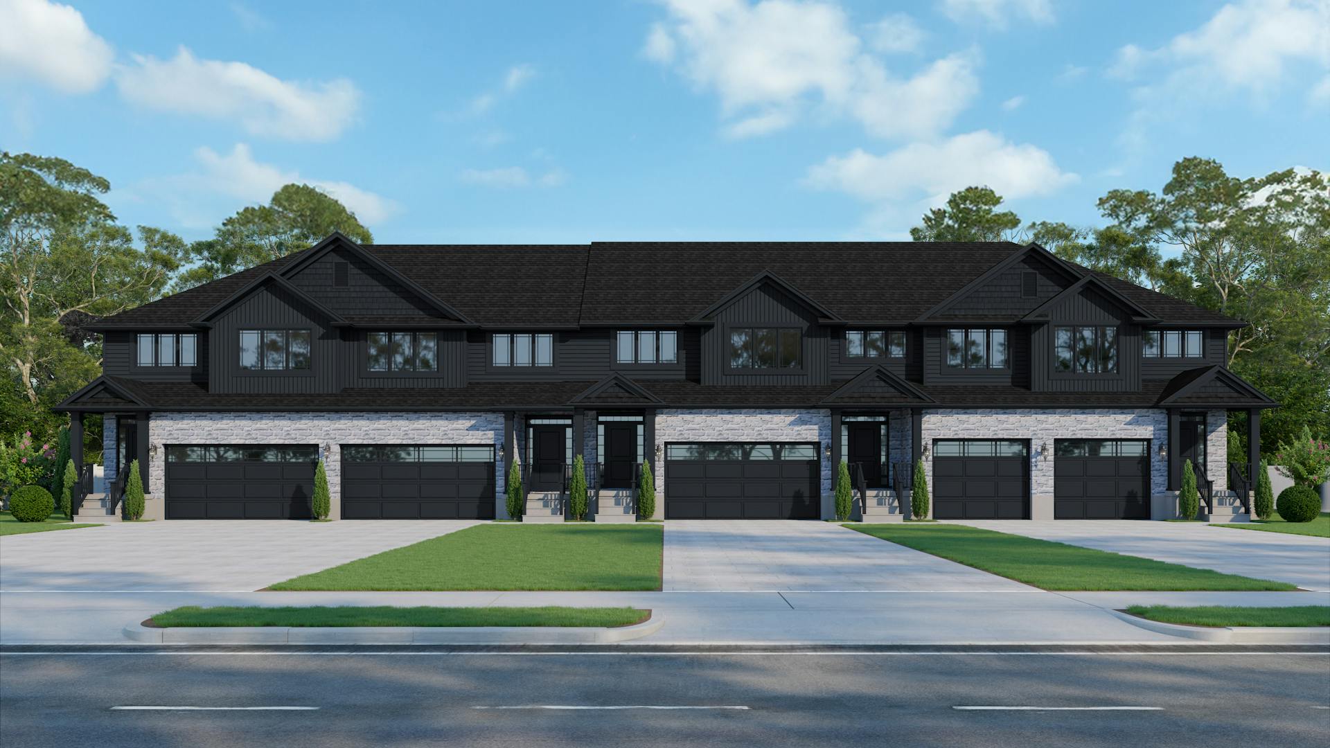Front view of a townhouse complex with dark roofing, light siding, and brickwork, each unit featuring a driveway and black garage