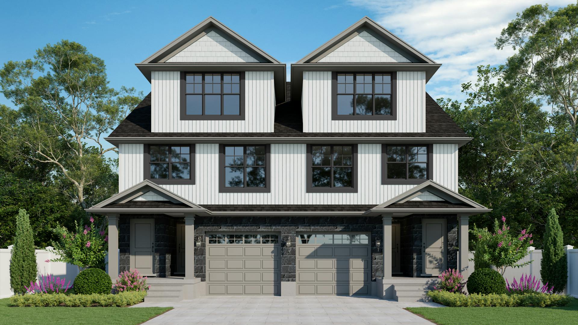 Modern duplex home with vertical white siding, black trim, and twin peaked roofs above a shared garage
